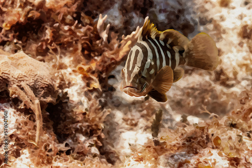 Digitally created watercolor painting of Nassau Grouper Epinephelus striatus swimming underwater