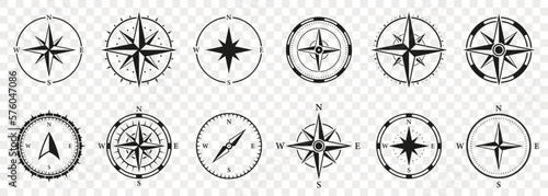 Compass Silhouette Icon Set. Adventure Direction to North, South, West, East Solid Sign. Windrose, Rose Wind Symbol. Navigational Orientation Equipment Glyph Pictogram. Isolated Vector Illustration