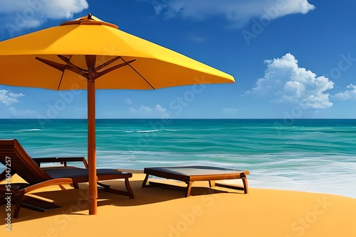 Chaise lounge and umbrella on sand beach. Generative AI © Pixel Matrix