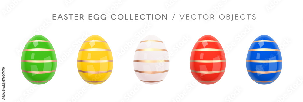 Set of Easter eggs in green, yellow, white, red, blue colors. Shiny Easter Egg with Gold Stripes. Realistic eggshell isolated on white background. Decorations for Easter design. 3D vector illustration