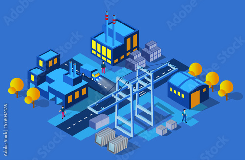 Isometric night city concept of violet style, an ultraviolet 3d modern