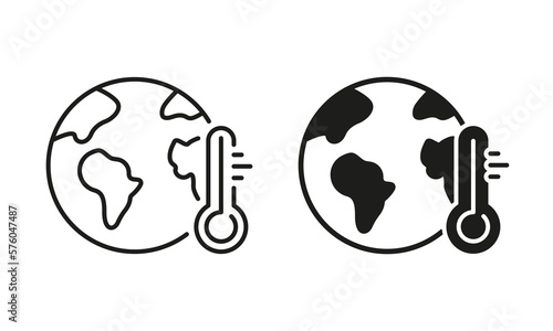 Global Climate Change. Earth and Thermometer Line and Silhouette Icon Set. Planet Heat Temperature, Danger Ecological Problem Symbol Collection on White Background. Isolated Vector Illustration