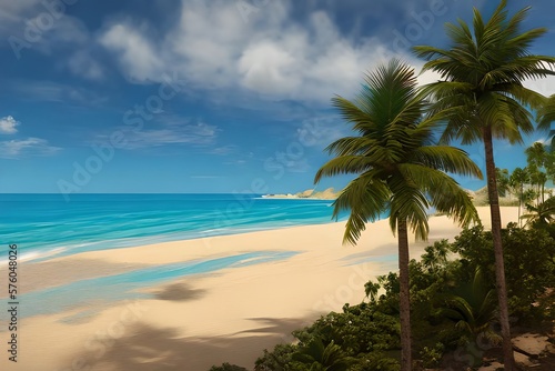sandy beach with sea and tropical palms. Generative AI