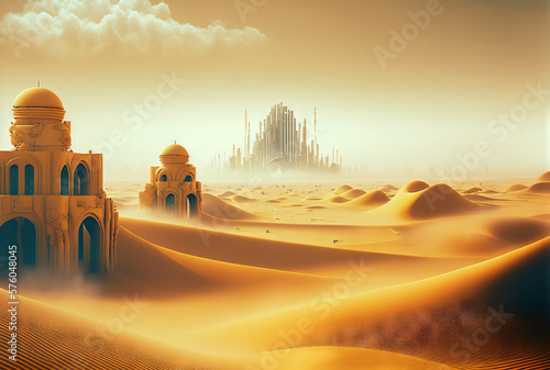 Futuristic cyberpunk city in desert dunes. Postapocalyptic megapolis in sand dunes. Generative AI.