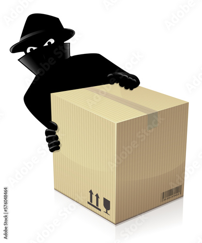 3D cardboard box delivery with in the background a masked criminal is getting his hands on it and stealing it