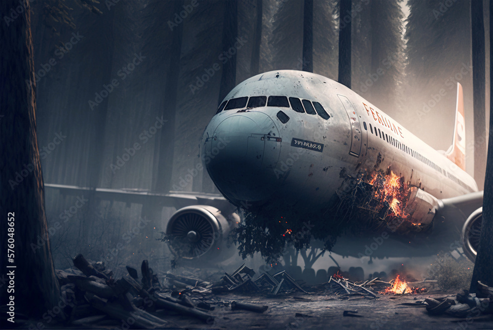 Aircraft crash in forest. Airliner catastrophe among trees. Plane accident. Generative AI