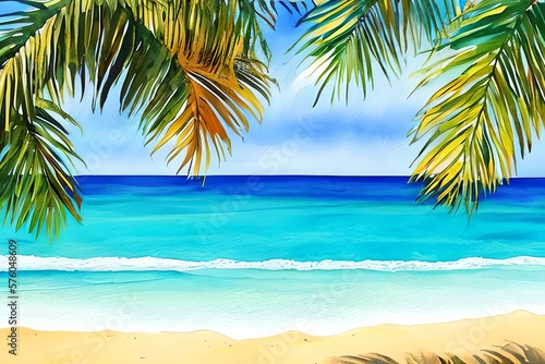 Summer tropical beach with golden sand and wave. Hand drawn watercolor illustration. Generative AI © Pixel Matrix