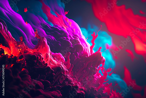 Abstract fluid color background. Layered paint swirls and twists. Blue and viva magenta wallpaper. Generative AI