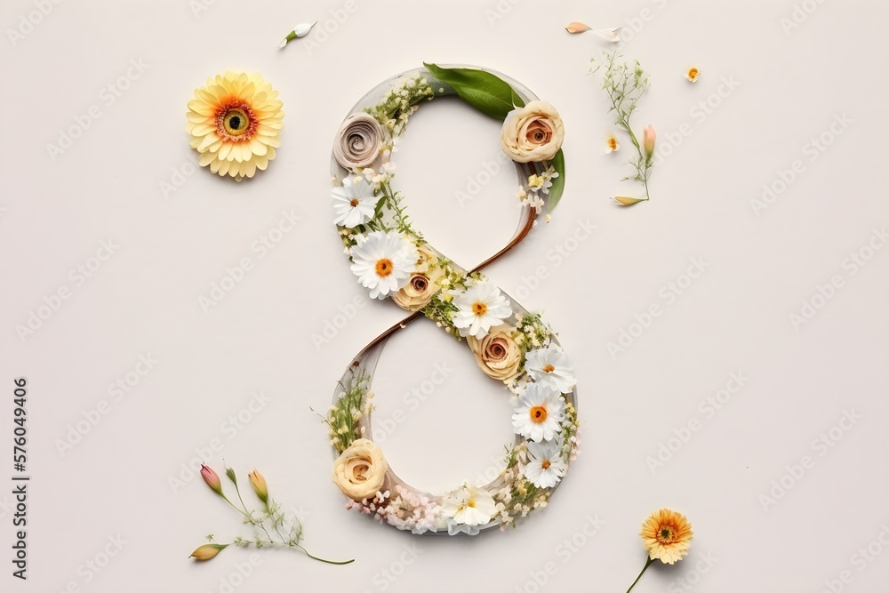 Wallpaper Illustration and background of elegant desing floral, with number 8 to celebrate March 8th day. Top View. Concept of International Women's Day. Generative AI
