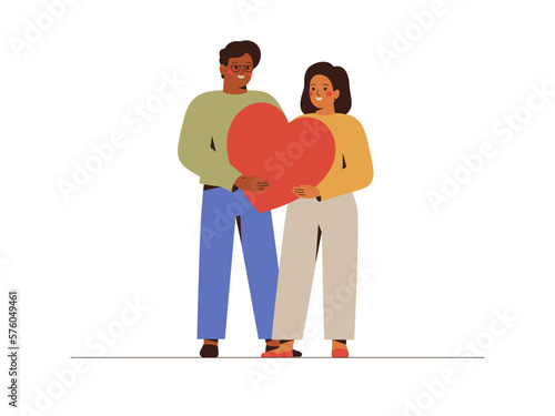 Multicultural Young couple in love. Man and woman hold in the hands a big heart. People help and donate for charitable. Hope and assistance concept. Vector illustration