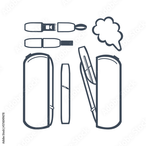  Electronic cigarette and accessories icons for vape shop. Isolated on white background. Vector.