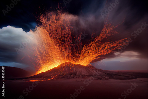 Lava Flows on active volcano.Volcano eruption with ash smoke and pyroclastic cloud. Volcanic natural disaster ,3D Rendering graphic ,illustration drawing