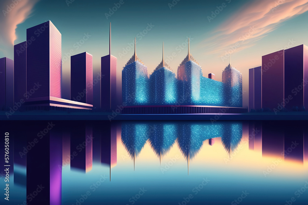 Generative AI: City skyline at night with a vibrant array of colorful lights