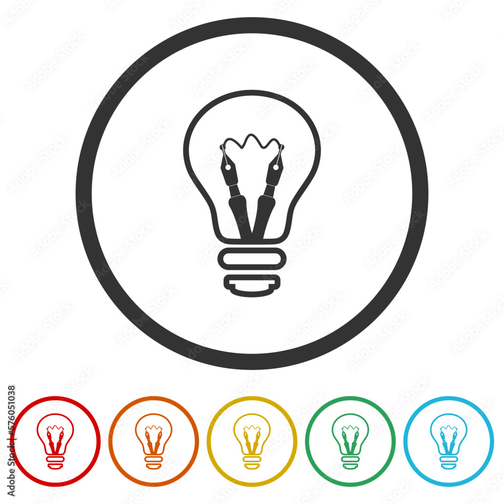 Light bulb and pencil logo template icons in color circle buttons Light bulb and pencil logo template icons in color circle buttons