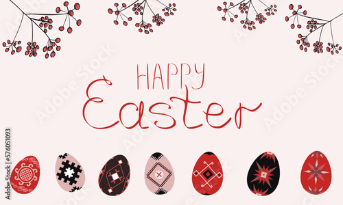 A postcard of easter eggs with the words happy easter written in red