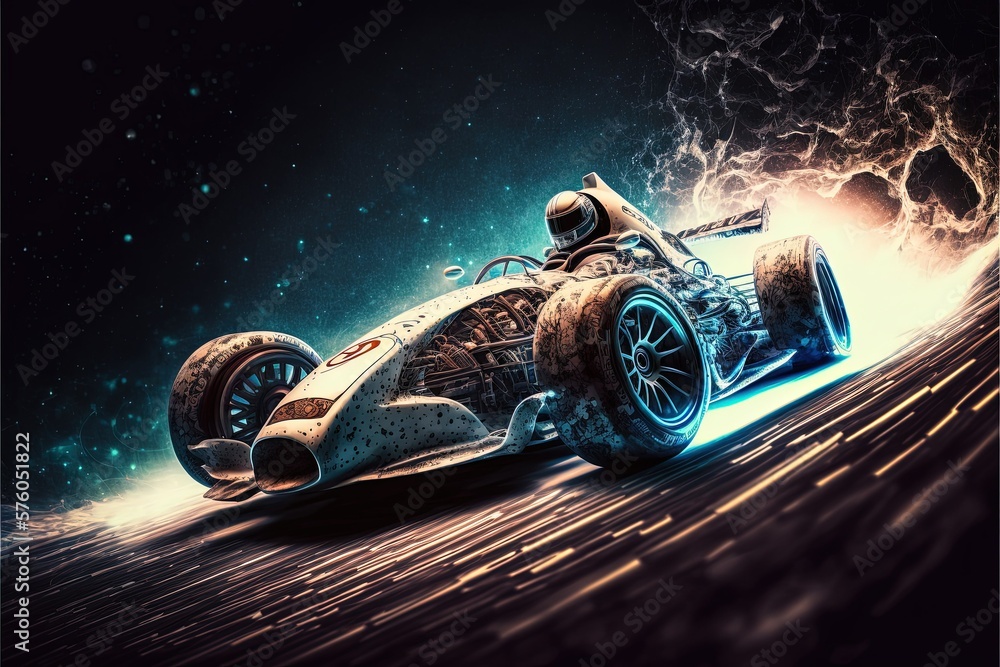 Φωτογραφία Race cars on futuristic track, in full speed, with neon lights, flames and spark