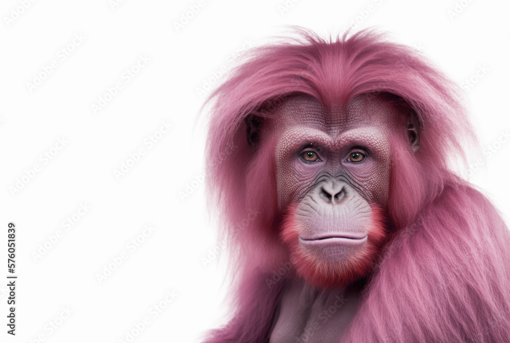 Pink orangutan monkey head isolated on white background. Generative AI