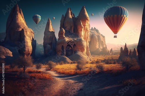 Travel and inspiration, hot air balloons flying at sunrise. Generative AI
