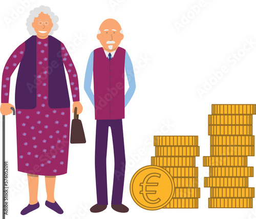 illustration vectorielle représentant deux personnes âgées retraitées se tenant debout à côté d'une pile d'euros. Symbole des retraités gagnant peu d'argent avec leur pension de retraite.
