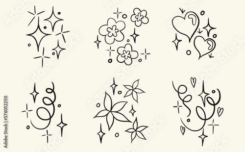 Set of vector stickers, tattoo. The tattoo is drawn with a thin line. Tracery, handmade stars, flowers and hearts. Vector illustration.