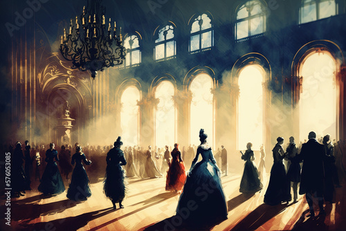 Historical recreation painting of medieval costume ball inside grand palace. Ai generated