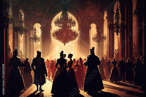 Historical recreation painting of medieval costume ball inside grand palace. Ai generated