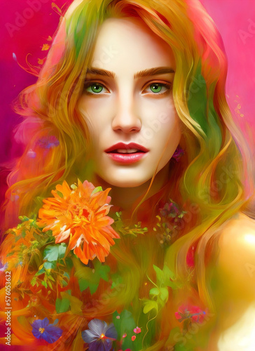 Portrait of a beautiful woman, Digital painting of a beautiful girl, Digital illustration of a female face. Generative AI