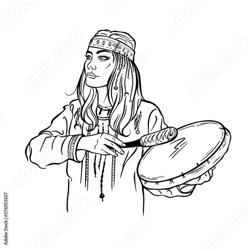 A shaman girl with a tambourine, a decorative bandage on her head. Vector illustration for a magazine, book, website.