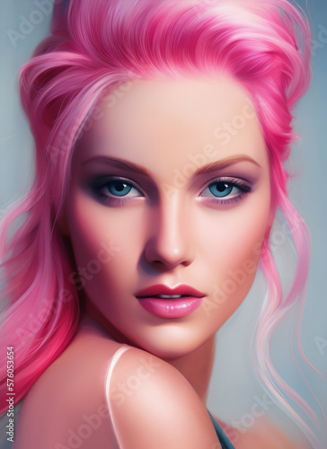 Portrait of a beautiful woman  Digital painting of a beautiful girl  Digital illustration of a female face. pink hair  Generative AI
