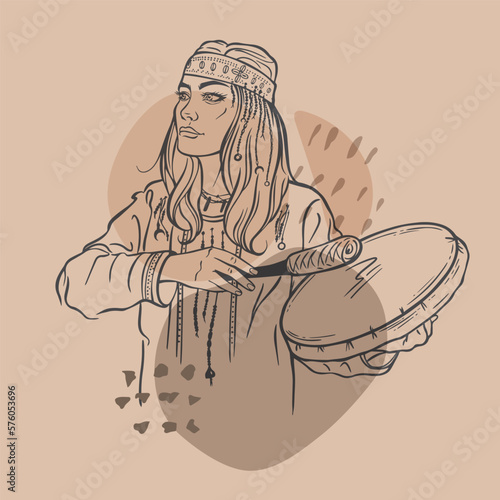 A shaman girl with a tambourine, a decorative bandage on her head. Vector illustration for a magazine, book, website.
