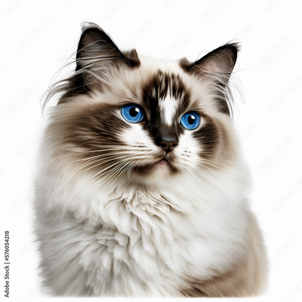 Realistic head Ragdoll Cat on a white background , generative AI