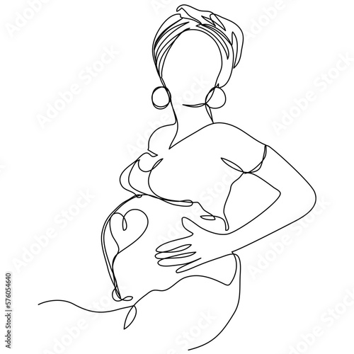 A pregnant girl holds her belly in one line on a white background. The concept of love for the unborn child. Stock vector illustration with editable stroke.