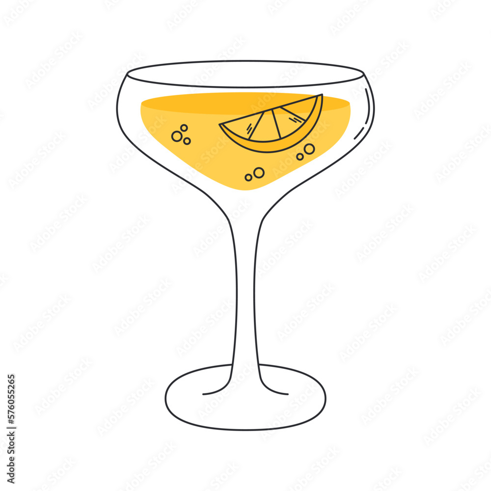 Sidecar cocktail with a slice of lemon and bubbles. Vector flat illustration on a white background Sidecar cocktail with a slice of lemon and bubbles. Vector flat illustration on a white background