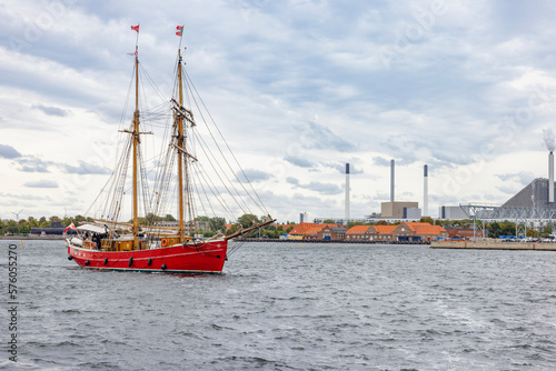 Old sailing boat in Copenhagen harbor with tourists on board for sightseeing, denmark,Europe 