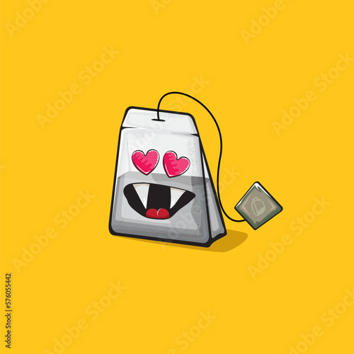 Tea bag character. Cartoon tea bag isolated on orange background. Funky paper tea bag character with eyes and mouth. Vector white teabag clip art, emoji, label and sticker