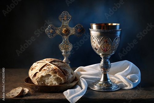Communion and Passion - Last Supper of Cristo Chalice of Wine and Clean Breads, concept of Christianity - Generative Ai