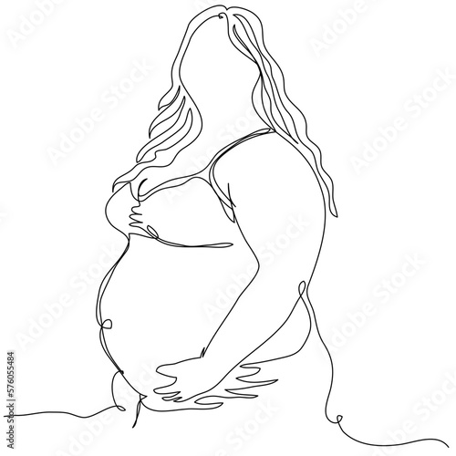 An overweight pregnant woman holds a round belly in one line on a white background. The concept of a woman in the position of expecting a child at the 9th month. Stock vector illustration.