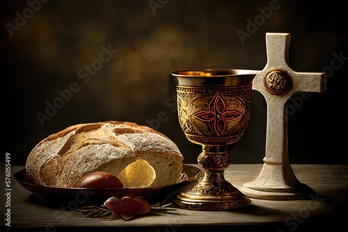 Communion and Passion - Last Supper of Cristo Chalice of Wine and Clean Breads, concept of Christianity - Generative Ai
