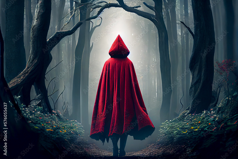A girl wearing a red cloak and walking in the gloomy forest path.Back view.Little red riding hood tale story concept.Created with generative ai - obrazy, fototapety, plakaty 