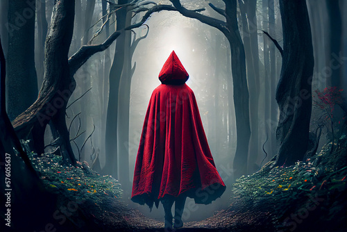 A girl wearing a red cloak and walking in the gloomy forest path.Back view.Little red riding hood tale story concept.Created with generative ai photo