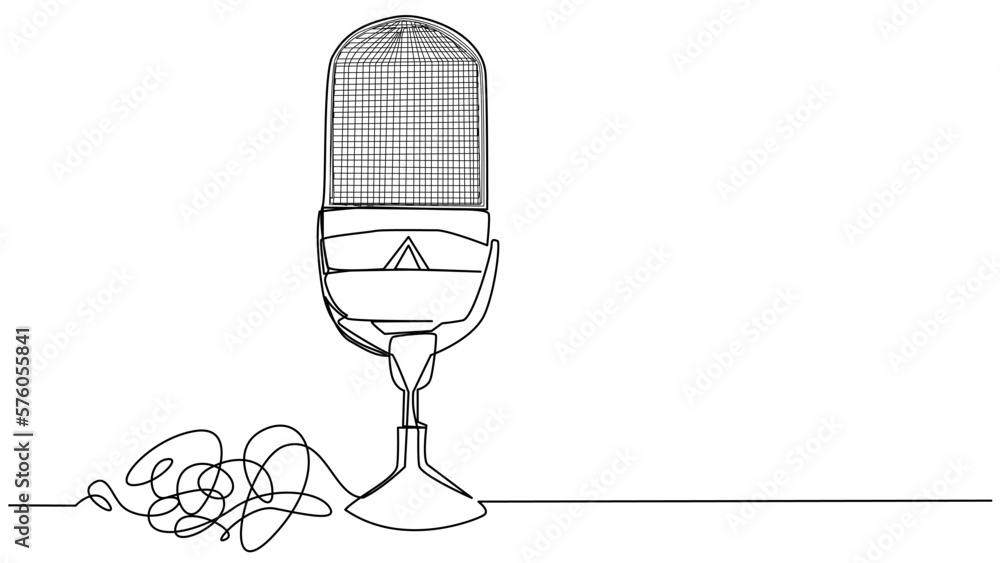 Round studio microphone in one line on a white background. The concept of audio podcast, stream, studio recording, broadcast radio. Stock vector illustration with editable stroke. Round studio microphone in one line on a white background. The concept of audio podcast, stream, studio recording, broadcast radio. Stock vector illustration with editable stroke.