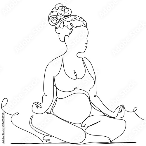 A pregnant girl with curls meditates in the lotus position with one line on a white background. The concept of peace of mind and tranquility. Stock vector illustration with editable stroke.
