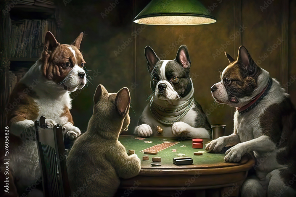Dogs play poker at the poker table in a pleasant environment. AI generated illustration. - obrazy, fototapety, plakaty 