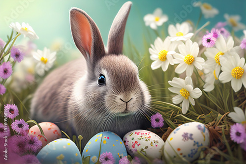 Easter Bunny - Decorated Eggs And Cute Rabbit In Sunny Spring Meadow With Defocused Abstract Lights, generative ai © OP38Studio