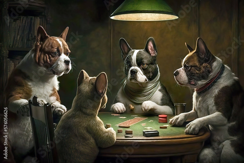 Fotobehang Dogs play poker at the poker table in a pleasant environment