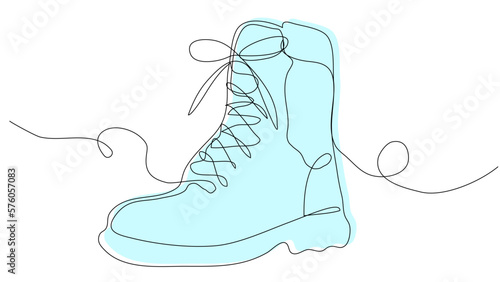 One line boot with a blue silhouette on a white background. Minimalistic image with shoes. Stock vector illustration with editable stroke.