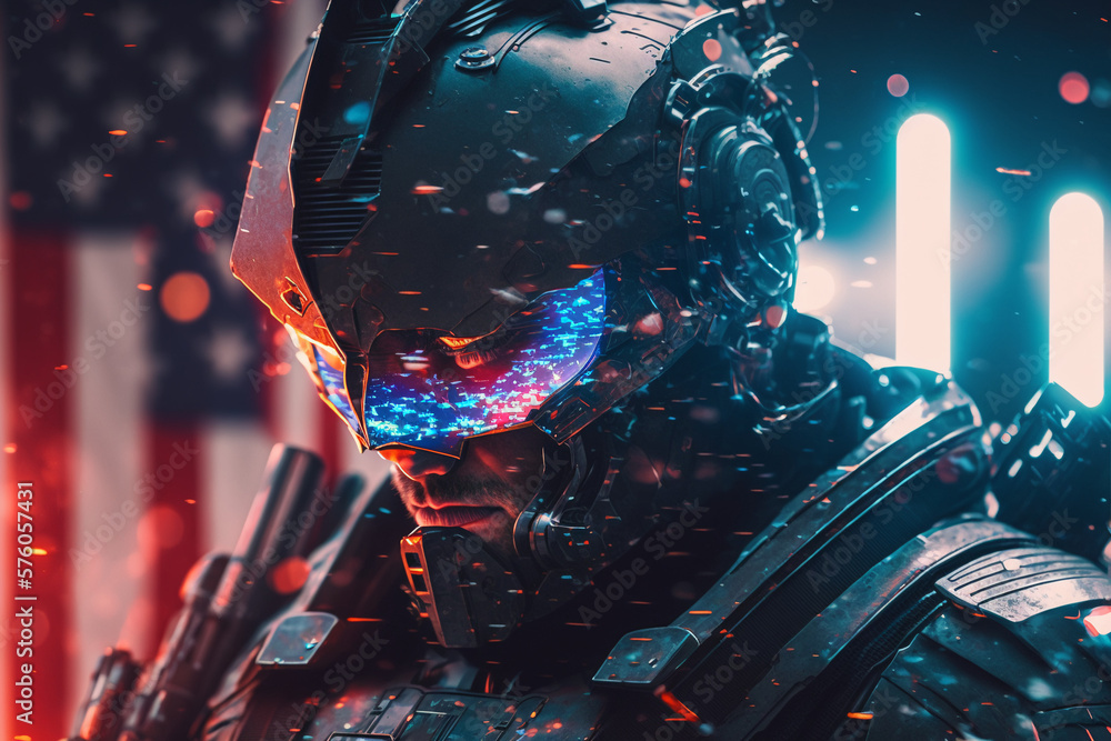 Obraz premium Soldato futuristico. Usa flag. Ai generated.