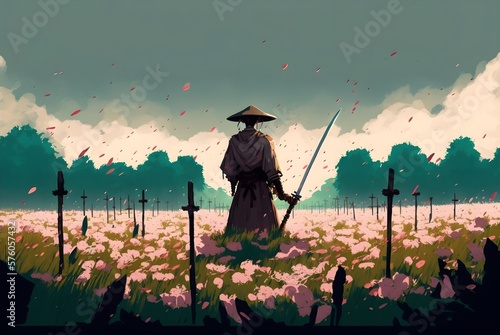 samurai standing among the swords impaled on the ground in the flower fields, digital art style, illustration painting, Generative AI photo