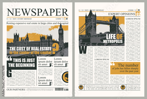 Vector London city newspaper layout with headlines, foto with westminster palace, Tower Bridge. News column articles and daily advertising construction. Newsprint design or magazine page template