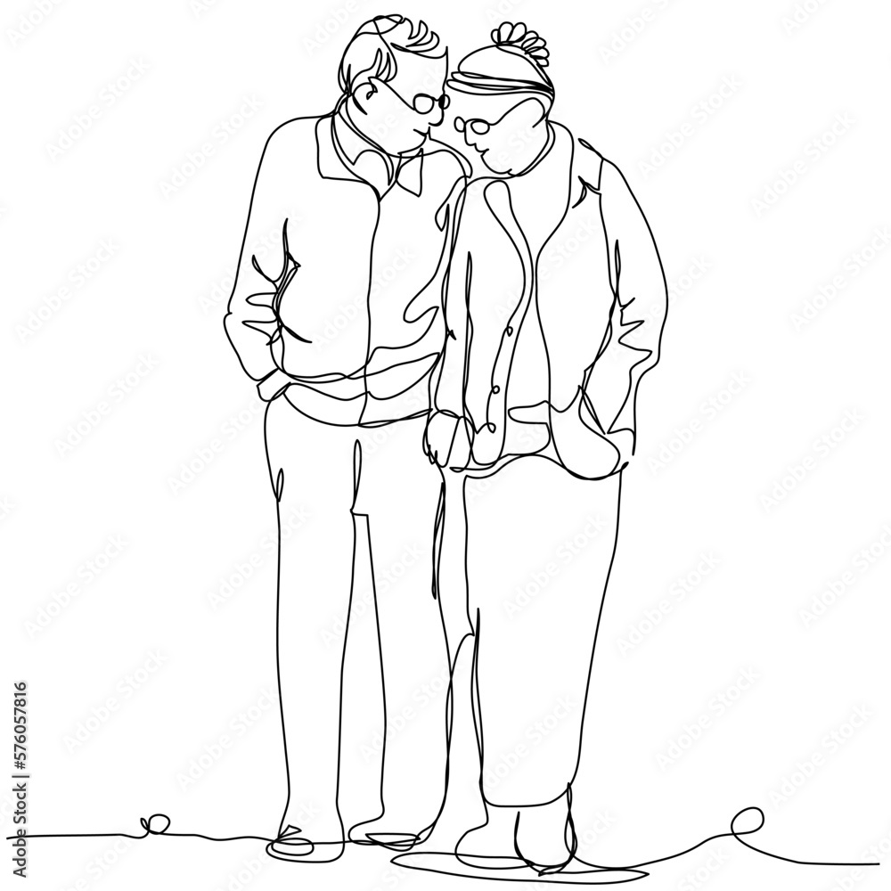 Happy senior couple hugging and smiling in one line isolated on white background. The concept of long love through the years in a minimalist style. Stock vector illustration with editable stroke. Happy senior couple hugging and smiling in one line isolated on white background. The concept of long love through the years in a minimalist style. Stock vector illustration with editable stroke.